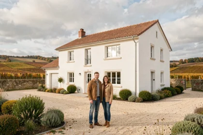 Couple devant leur maison individuelle neuve en Côte-d'Or avec les collines bourguignonnes en arrière-plan