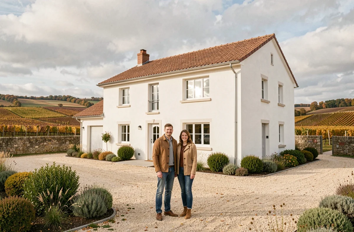 Couple devant leur maison individuelle neuve en Côte-d'Or avec les collines bourguignonnes en arrière-plan