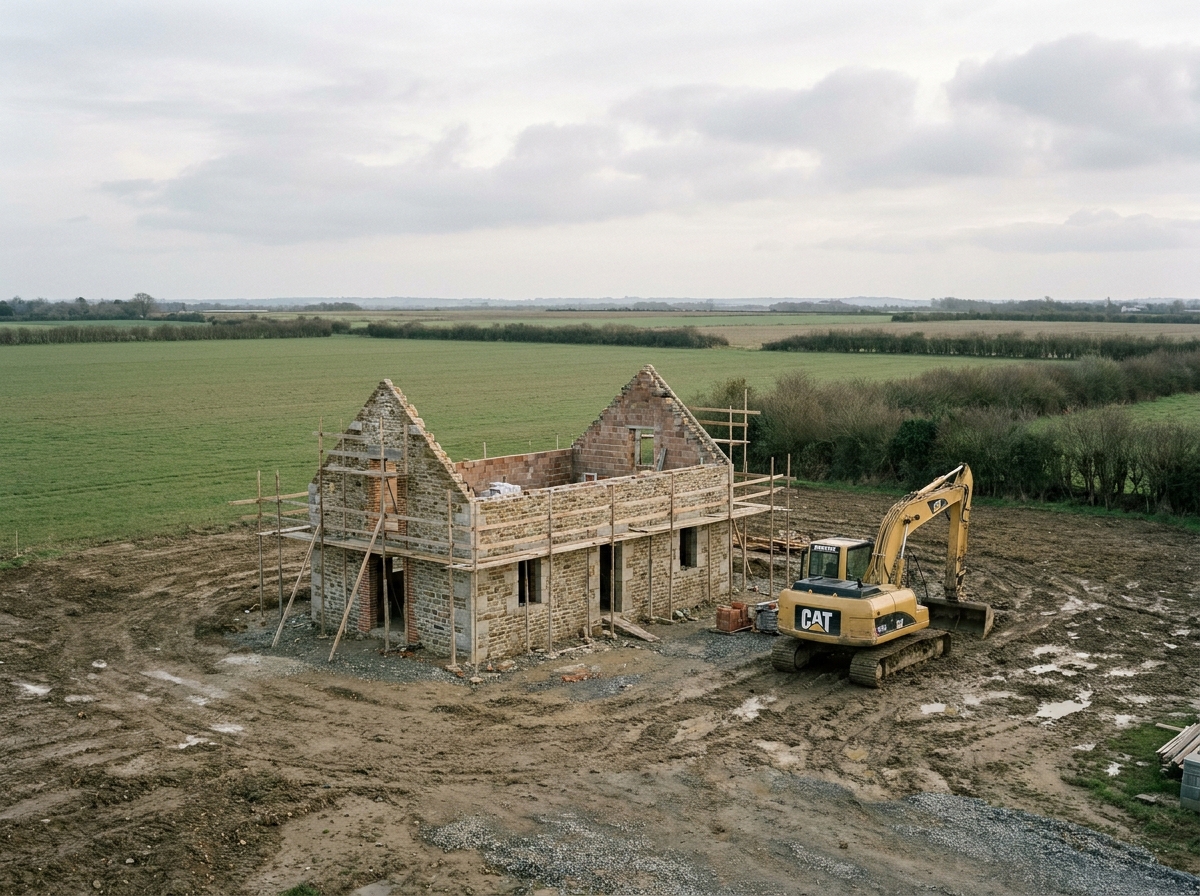 Construction d'une maison individuelle sur terrain isolé en zone rurale autour de Saint-Nazaire avec engins de chantier