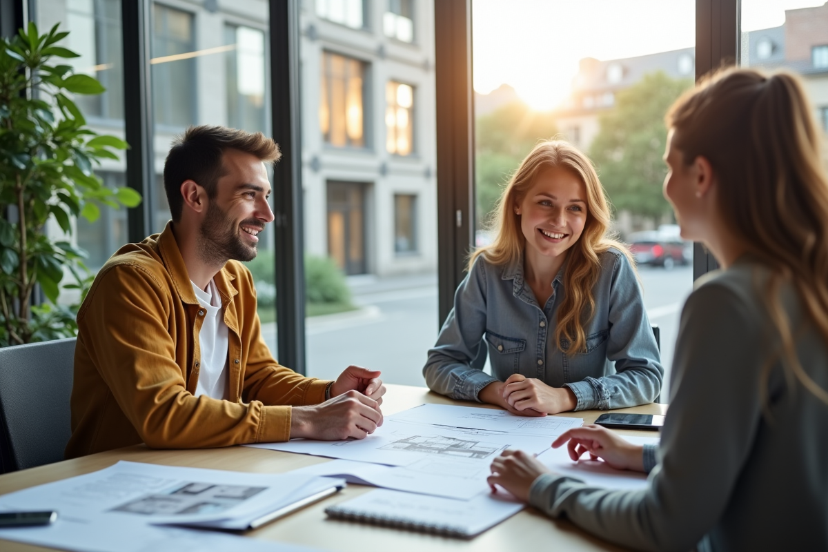 Jeune couple discutant avec une professionnelle dans une agence immobiliere