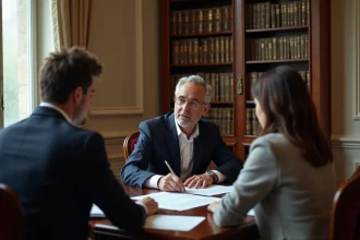 Couple en consultation avec un notaire dans un bureau classique pour un projet immobilier