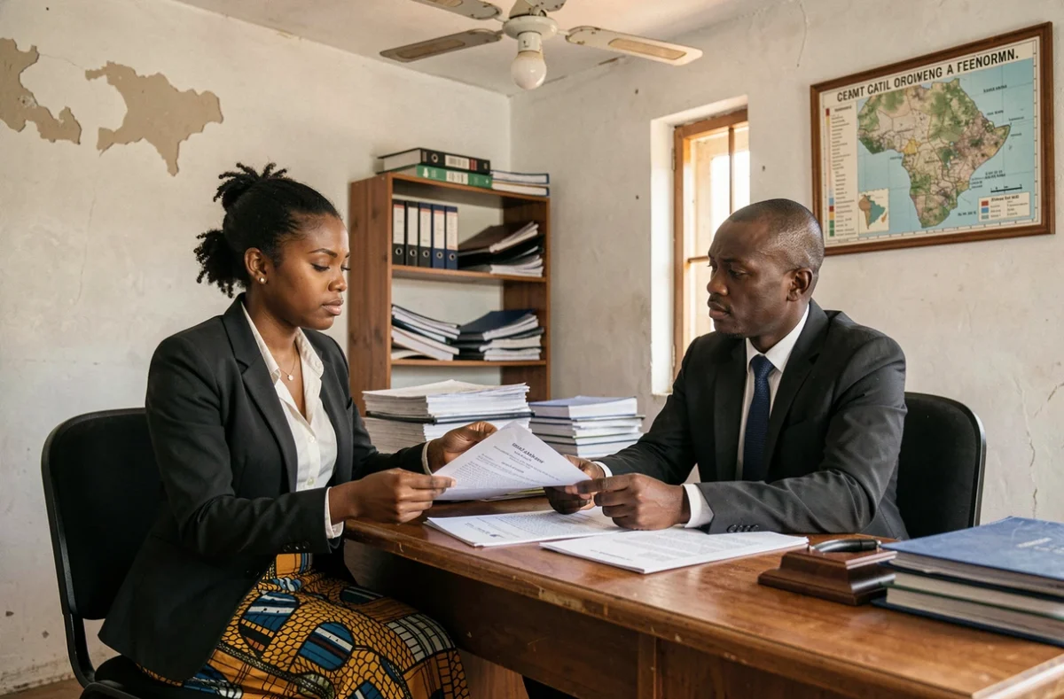 Femme consultant un notaire pour l'achat d'un terrain au Sénégal dans une agence immobilière locale