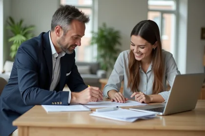 Homme et femme examinent un contrat de location dans un appartement