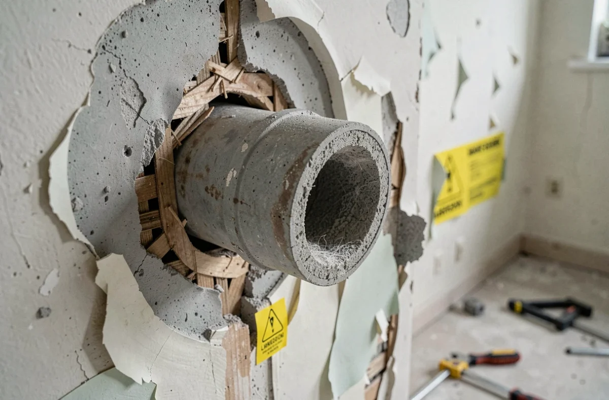 Coupe transversale d'une conduite en fibrociment encastrée dans un mur d'appartement révélant une texture fibreuse potentiellement amiantée lors de travaux de rénovation