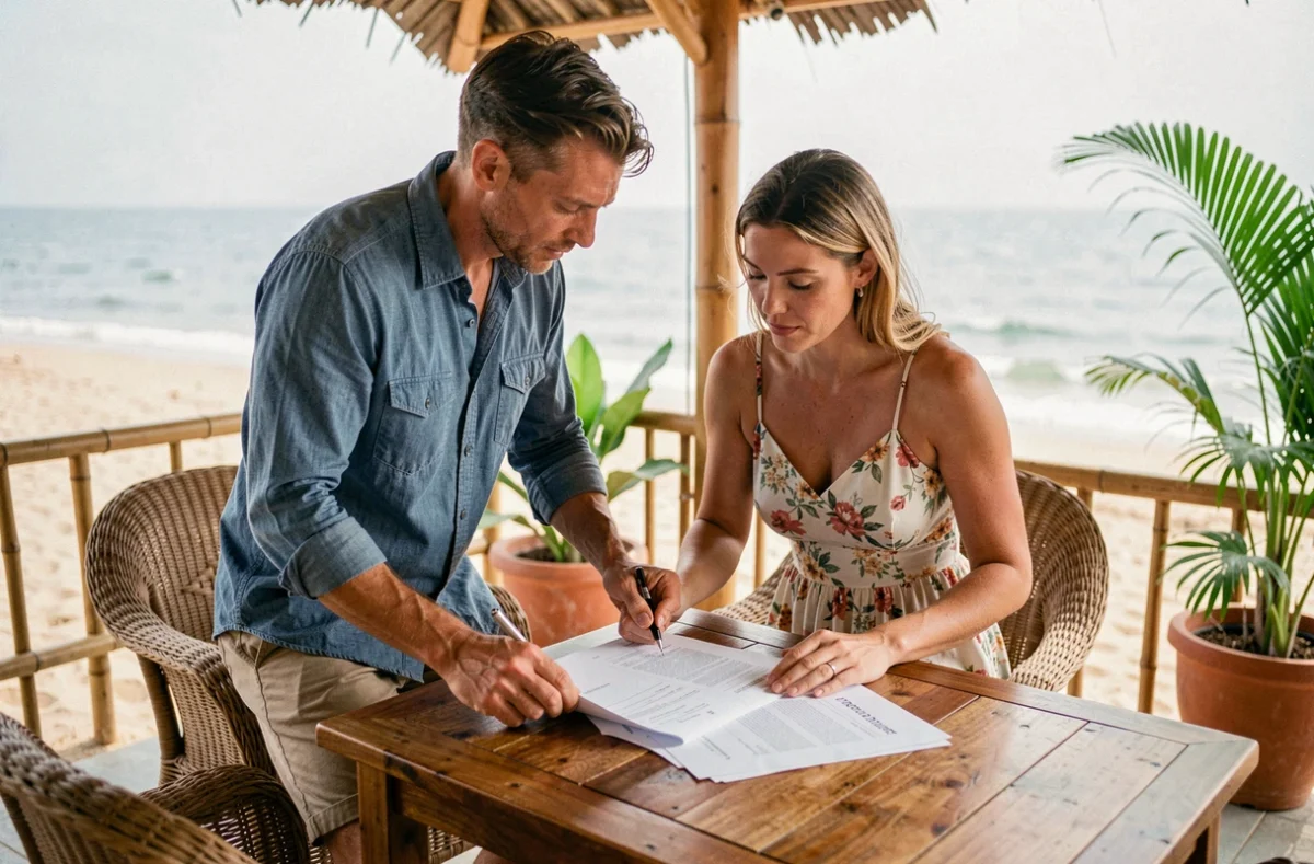 Couple d'acheteurs étrangers étudiant un contrat d'achat immobilier dans une villa en bord de mer en Thaïlande
