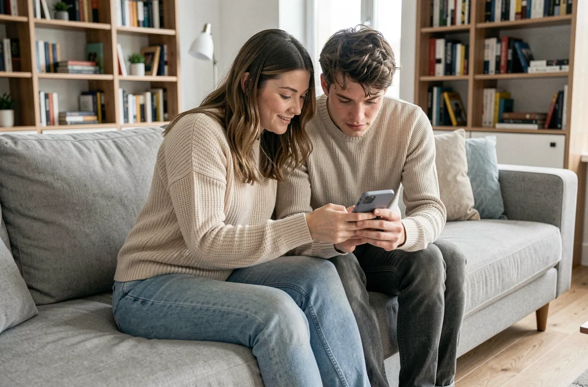 Couple consultant des annonces de location sur smartphone dans leur salon, application LOC mobile