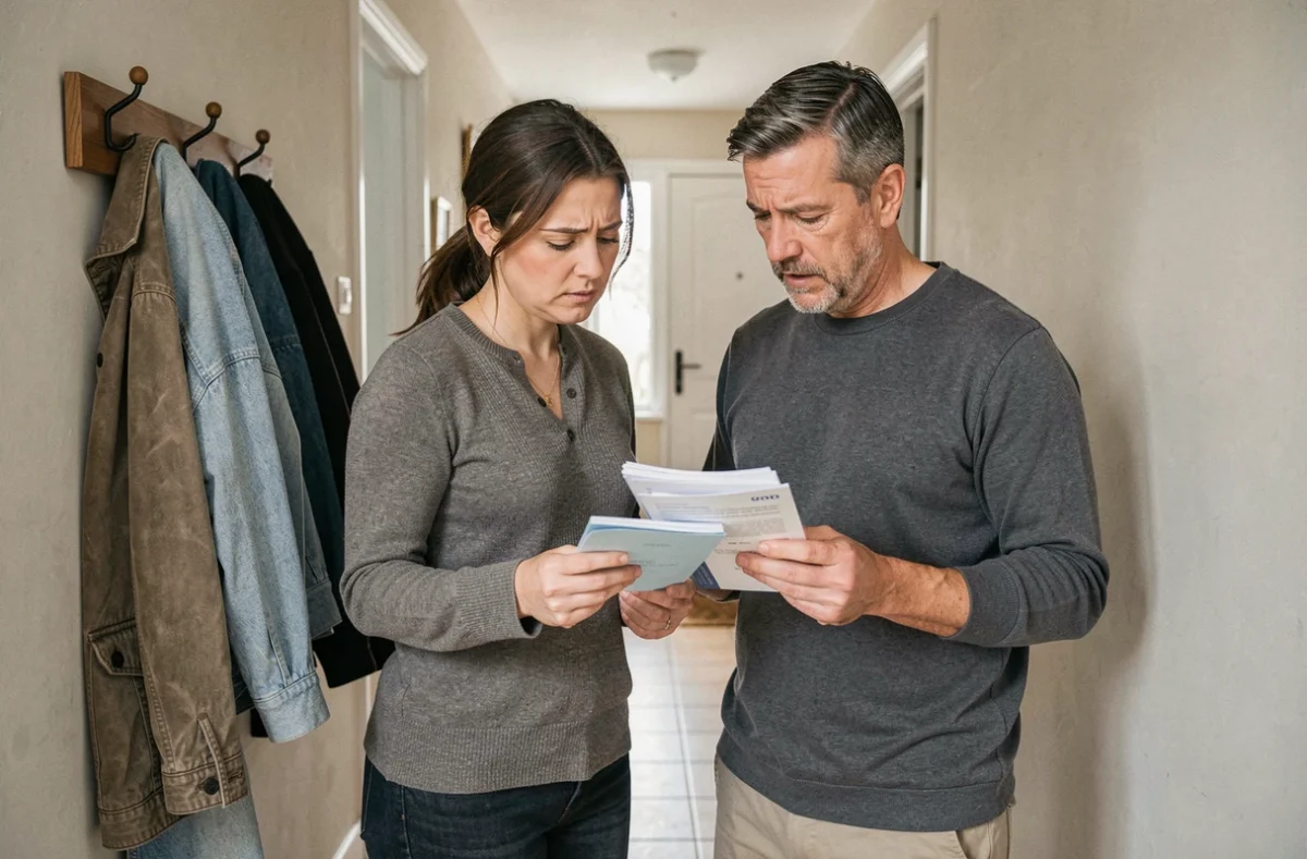 Couple examinant des courriers d'assurance habitation dans le couloir de leur appartement