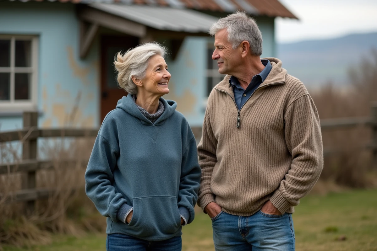 Couple d'adultes dans une ferme rurale paisible