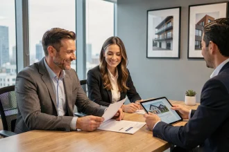 Couple rencontrant un conseiller immobilier pour sécuriser leur projet d'investissement dans un bureau moderne