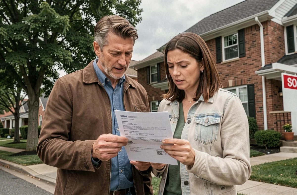 Couple de propriétaires comparant leur contrat d'assurance habitation devant leur nouvelle maison