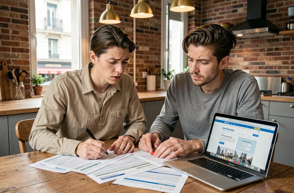 Couple examinant leur contrat d'assurance habitation après un accident domestique, à la recherche des garanties et remboursements couverts