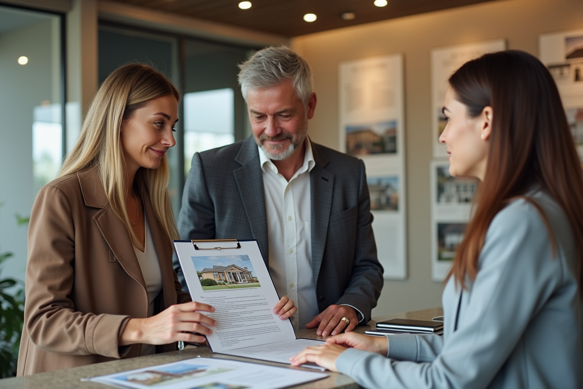 Couple discutant avec agent immobilier au comptoir