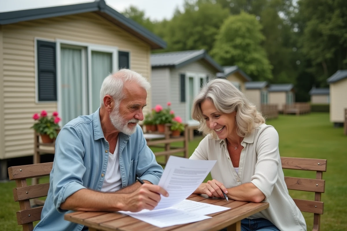 Couple examinant un contrat de vente de mobil-home d'occasion dans un camping ouvert à l'année