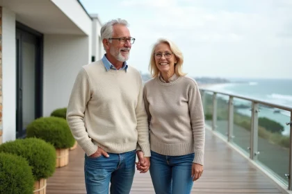 Couple souriant sur la terrasse face à la mer
