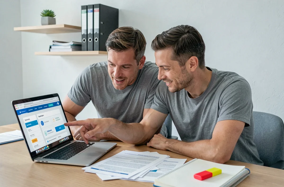 Couple comparant des devis d'assurance habitation en ligne sur ordinateur portable avec des documents imprimés