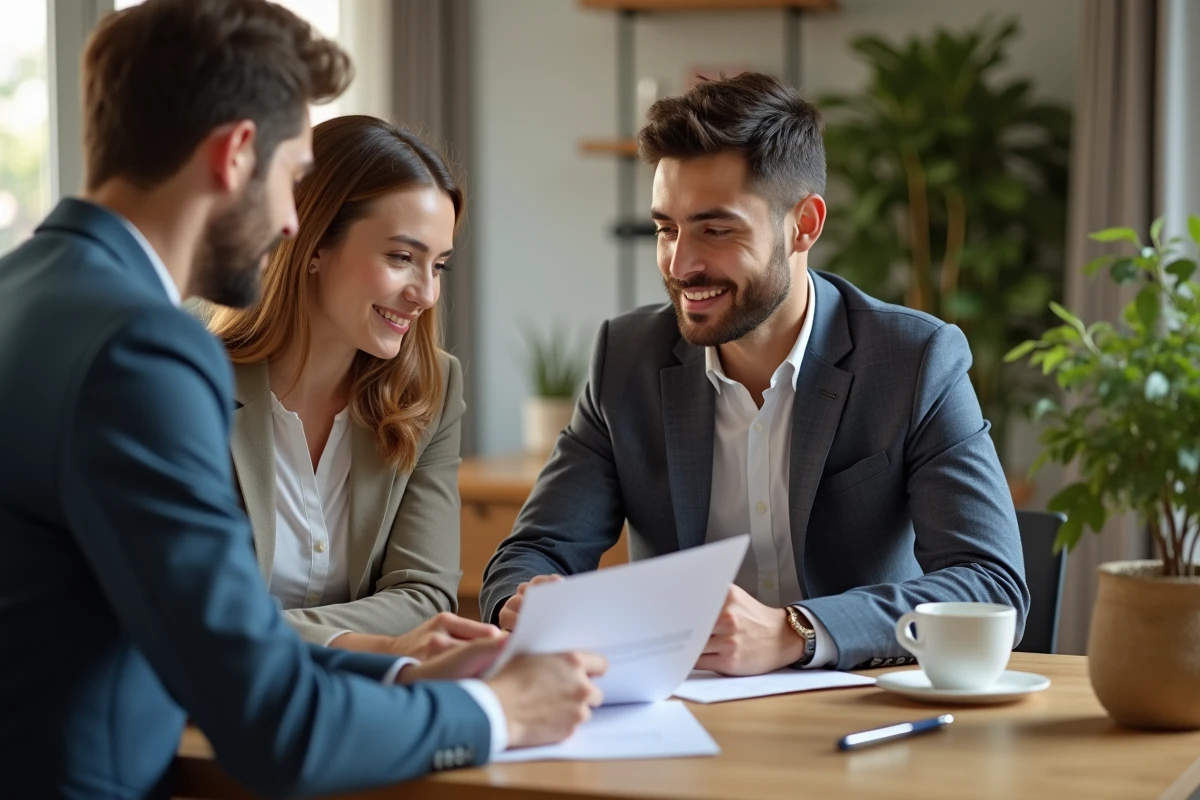 Jeune couple discutant d’un contrat avec un agent immobilier à la maison