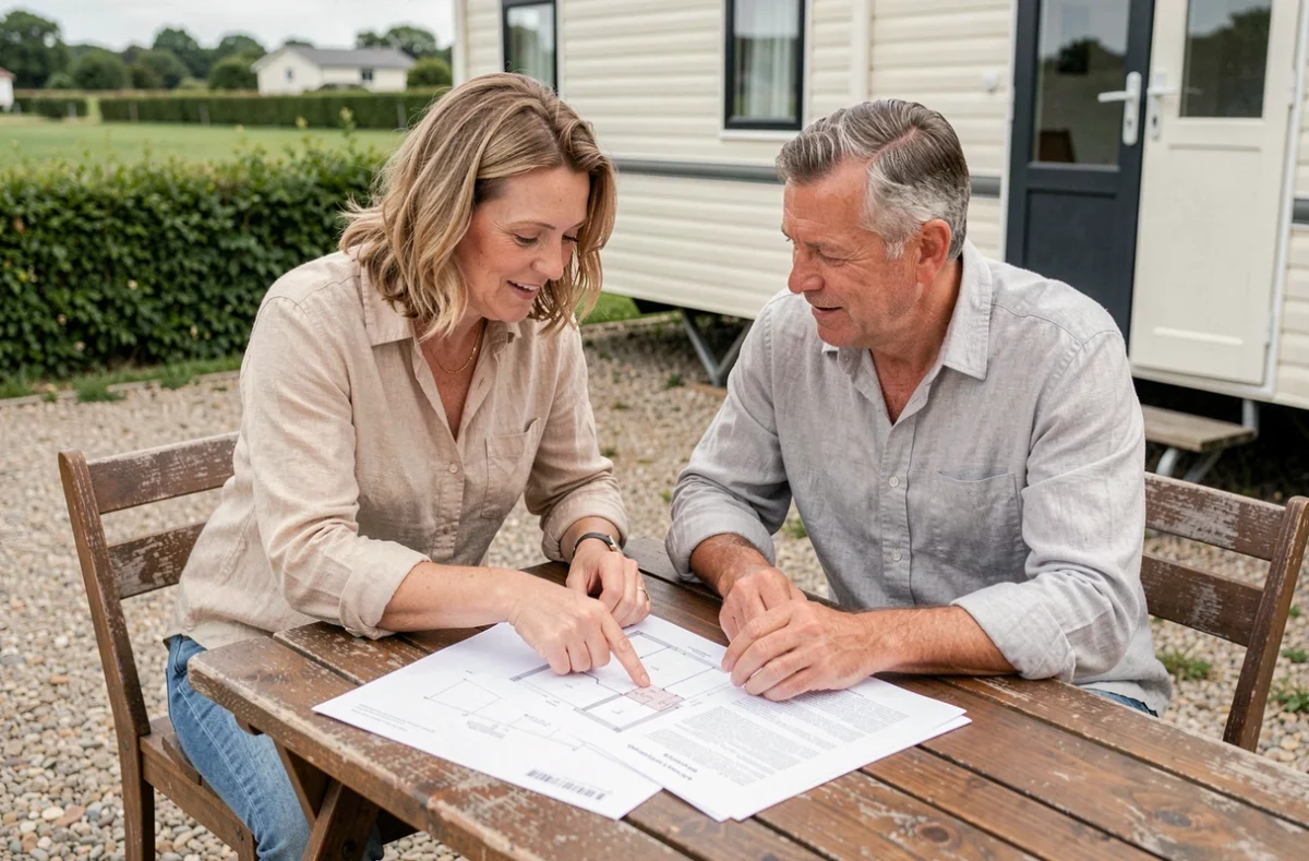 Couple consultant des documents administratifs pour l'installation d'un mobil-home sur terrain privé