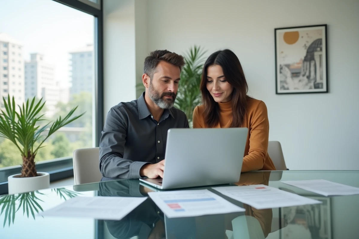 Couple consultant des documents immobiliers sur ordinateur portable dans un cabinet de notaire moderne
