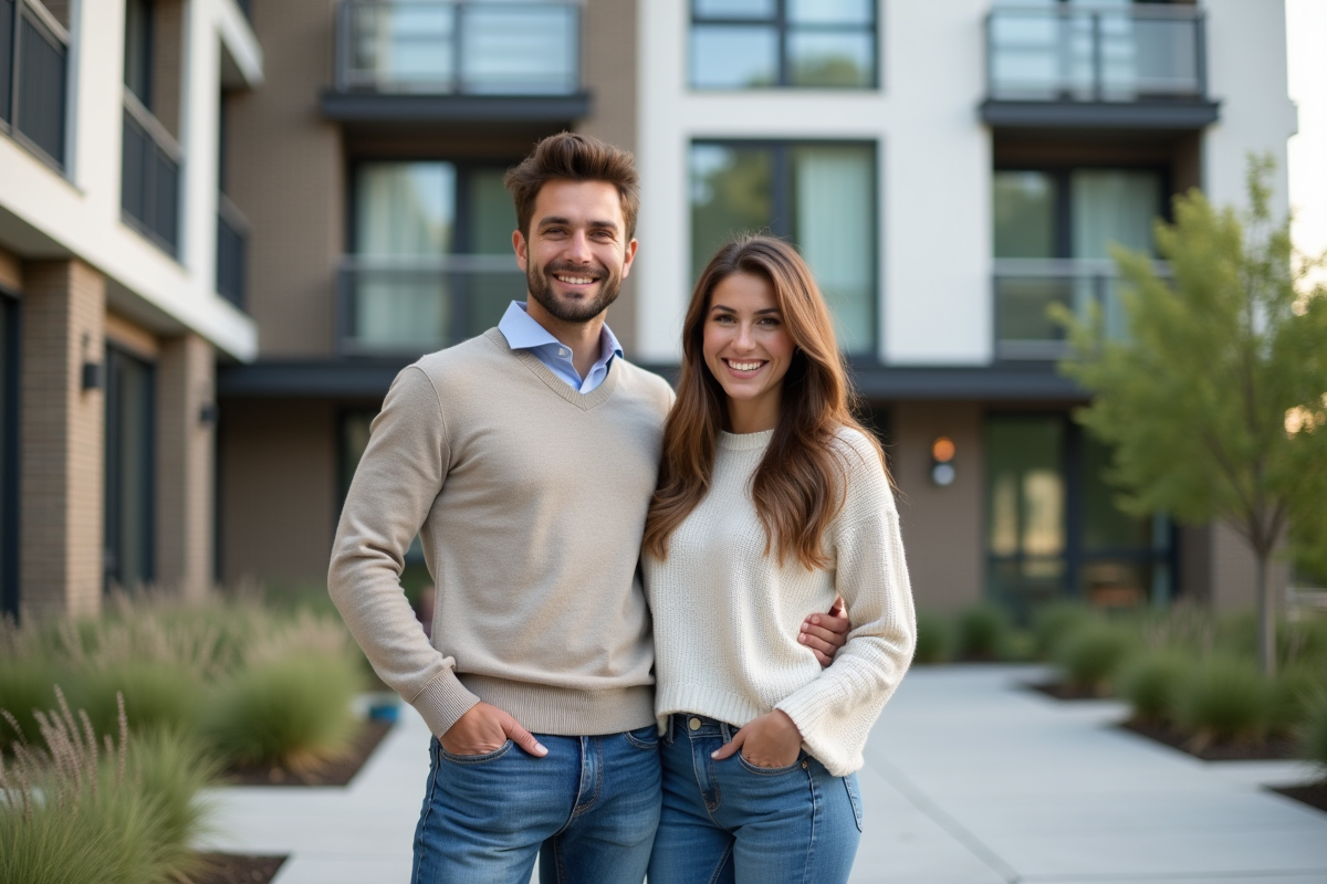 Jeune couple souriant devant un immeuble moderne