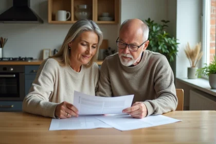 Couple de milieu d'âge examinant des documents immobiliers dans un appartement lumineux