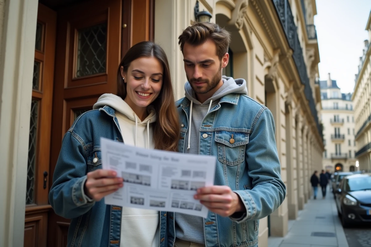 Couple de locataires étudiant une annonce de location T1 bis devant un immeuble haussmannien