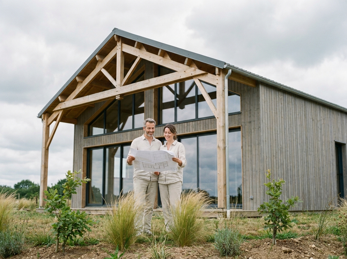 Couple devant leur maison ossature bois neuve près de Nantes avec plans d'architecte