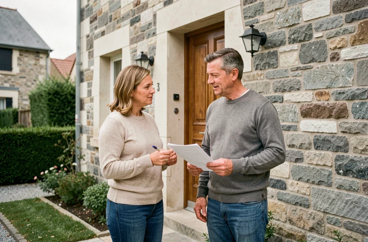 Couple devant leur maison en pierre discutant de leur contrat d'assurance habitation
