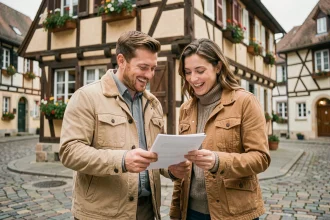 Couple de primo-accédants devant une maison à colombages à Colmar lors de leur première acquisition immobilière