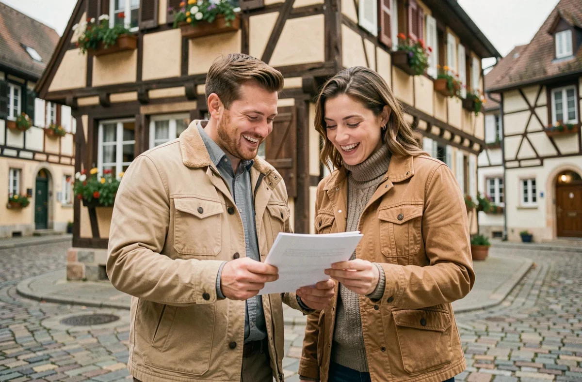 Couple de primo-accédants devant une maison à colombages à Colmar lors de leur première acquisition immobilière