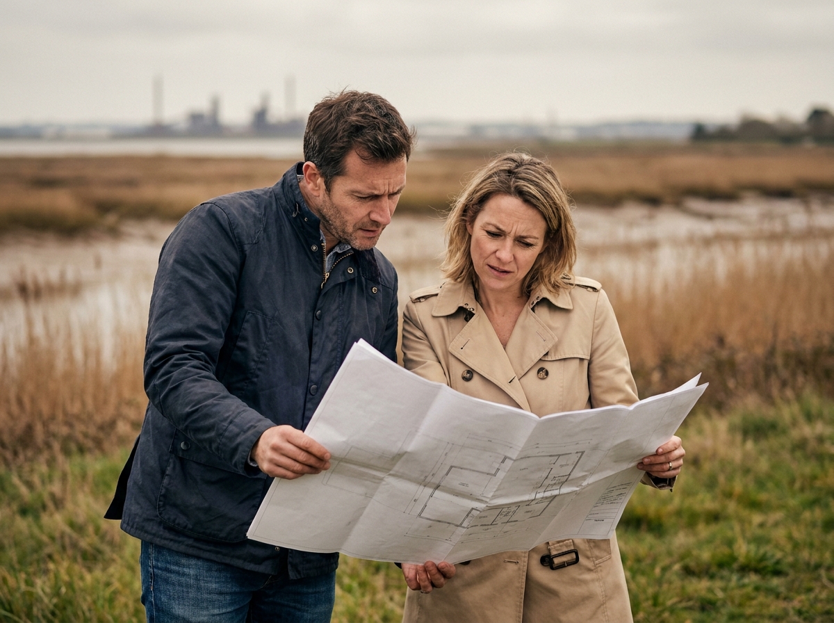 Couple étudiant les plans de leur future maison sur un terrain en bord d'estuaire près de Saint-Nazaire