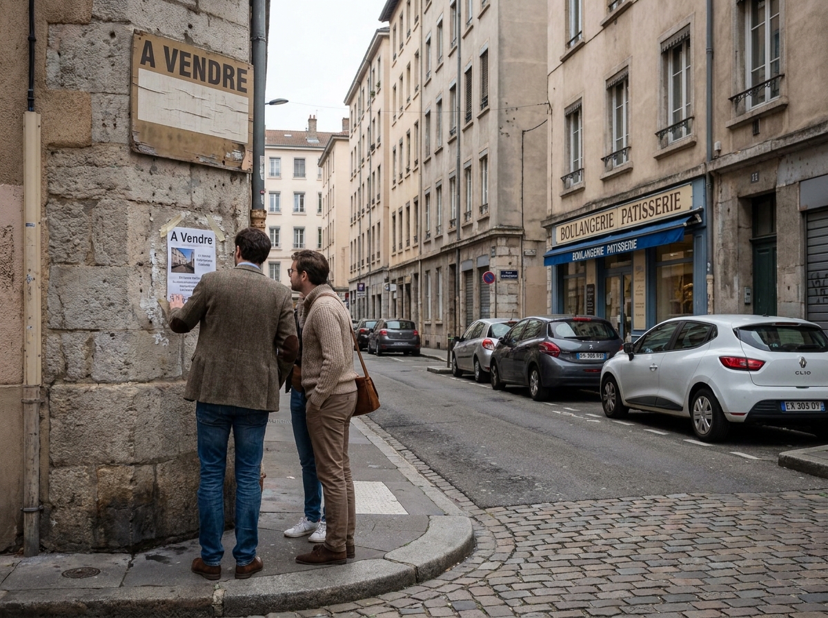 Couple consultant une annonce immobilière dans une rue résidentielle du 3e arrondissement de Lyon
