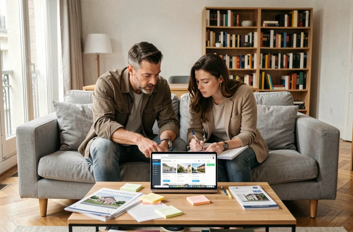 Couple consultant une plateforme de recherche immobilière en ligne pour préparer leur négociation d'achat d'appartement