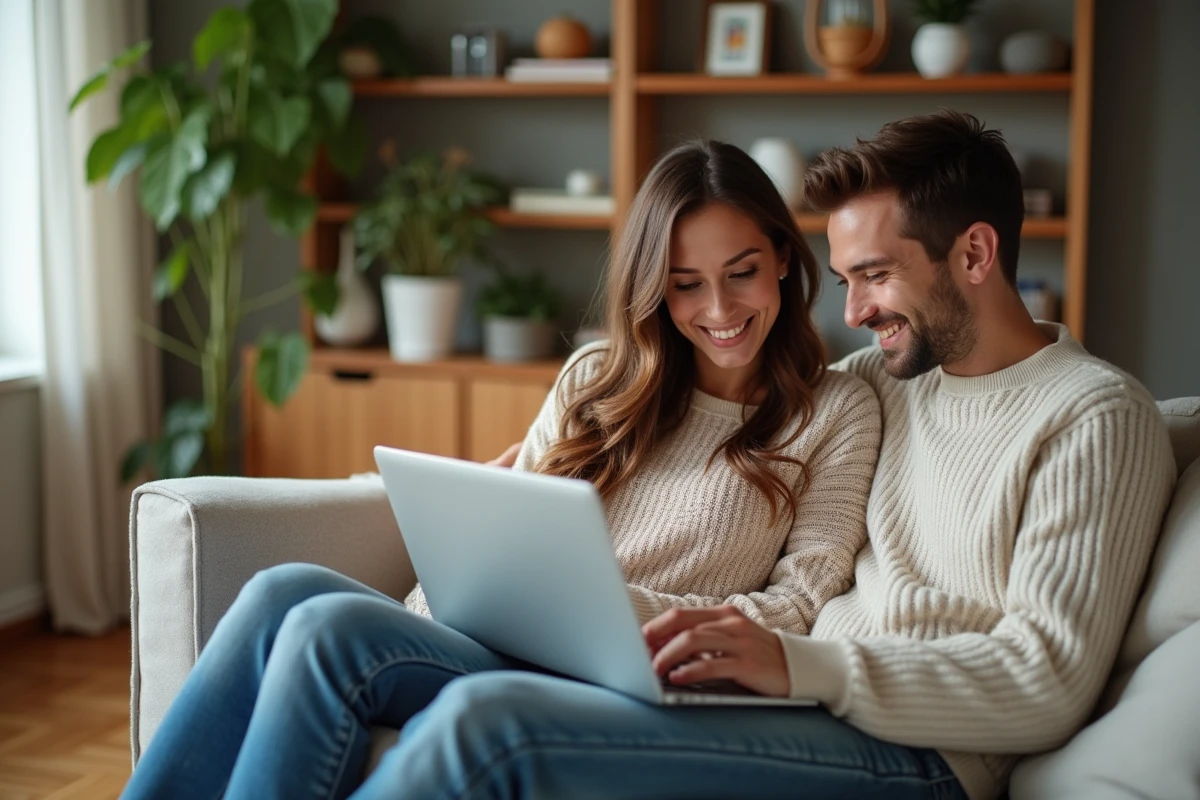Jeune couple souriant explore des annonces immobilières à la maison