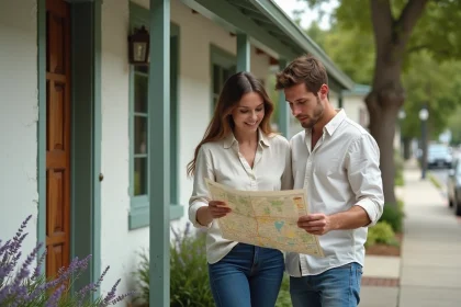 Couple examinant une carte de quartier devant une maison avec jardin à louer à 600 euros