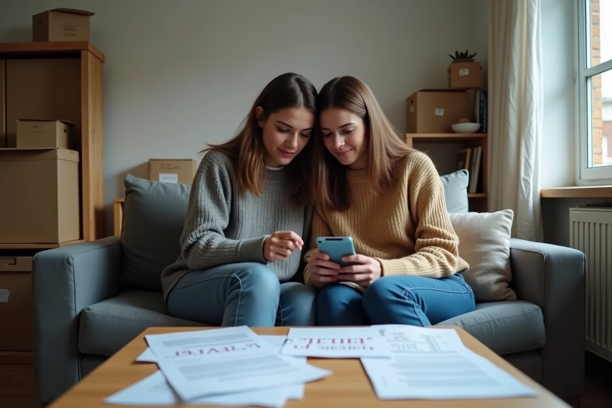 Couple de jeunes adultes examinant un refus de dossier de logement dans leur appartement