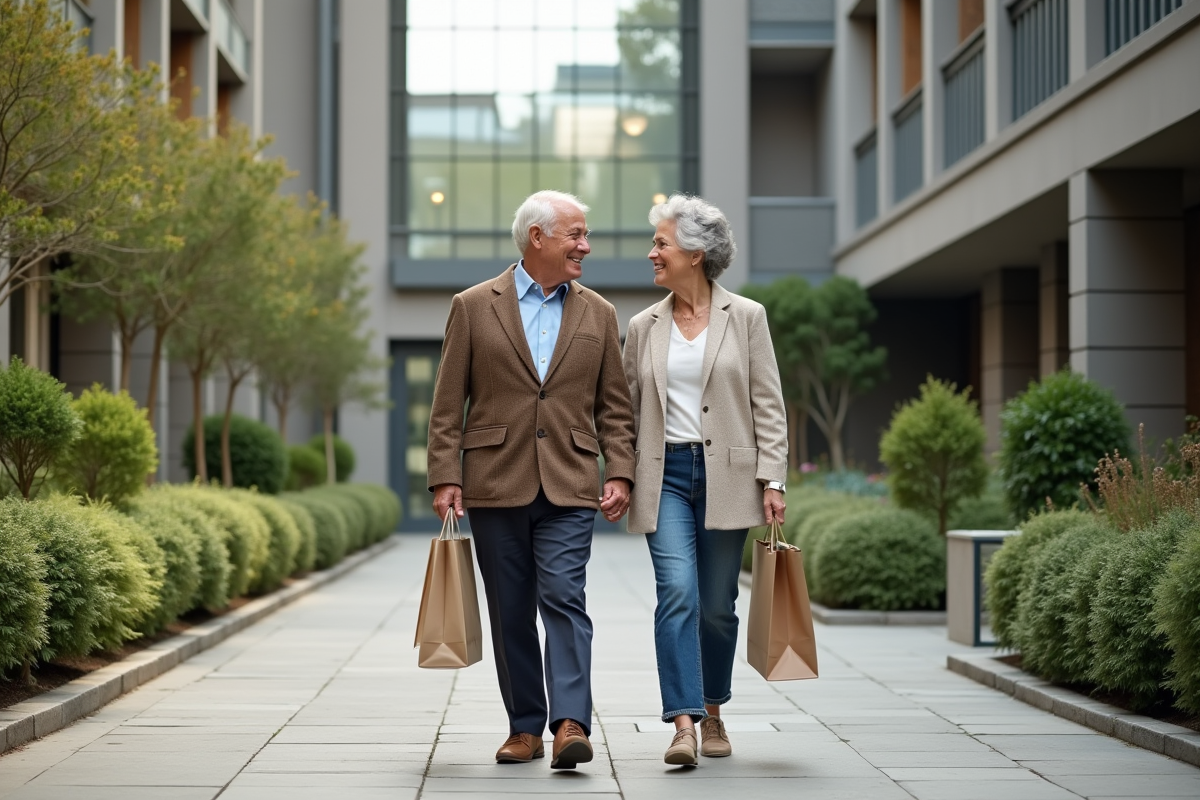 Couple retraité se promene dans la cour d