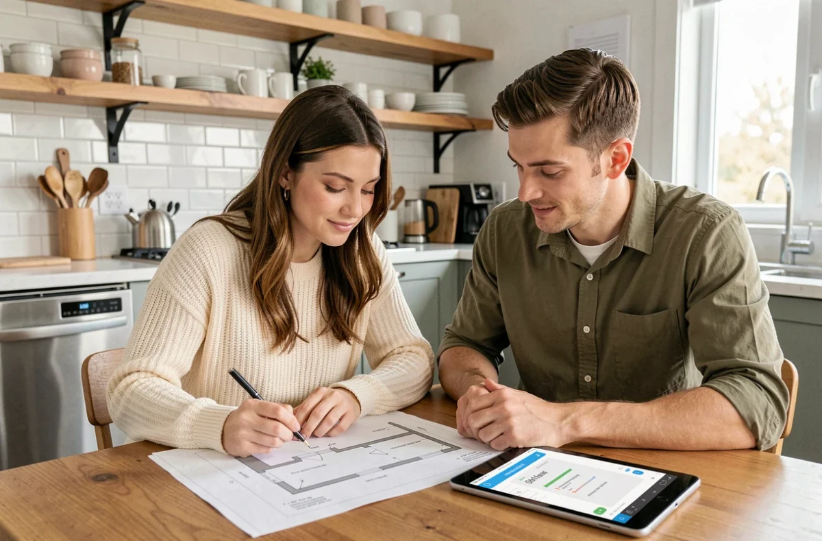 Couple de jeunes acheteurs étudiant un plan de financement immobilier et une simulation de prêt sur tablette à domicile