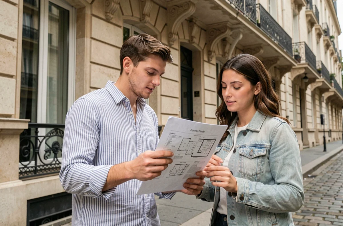 Couple de jeunes locataires visitant un appartement à louer dans un immeuble haussmannien parisien avec une fiche de visite en main