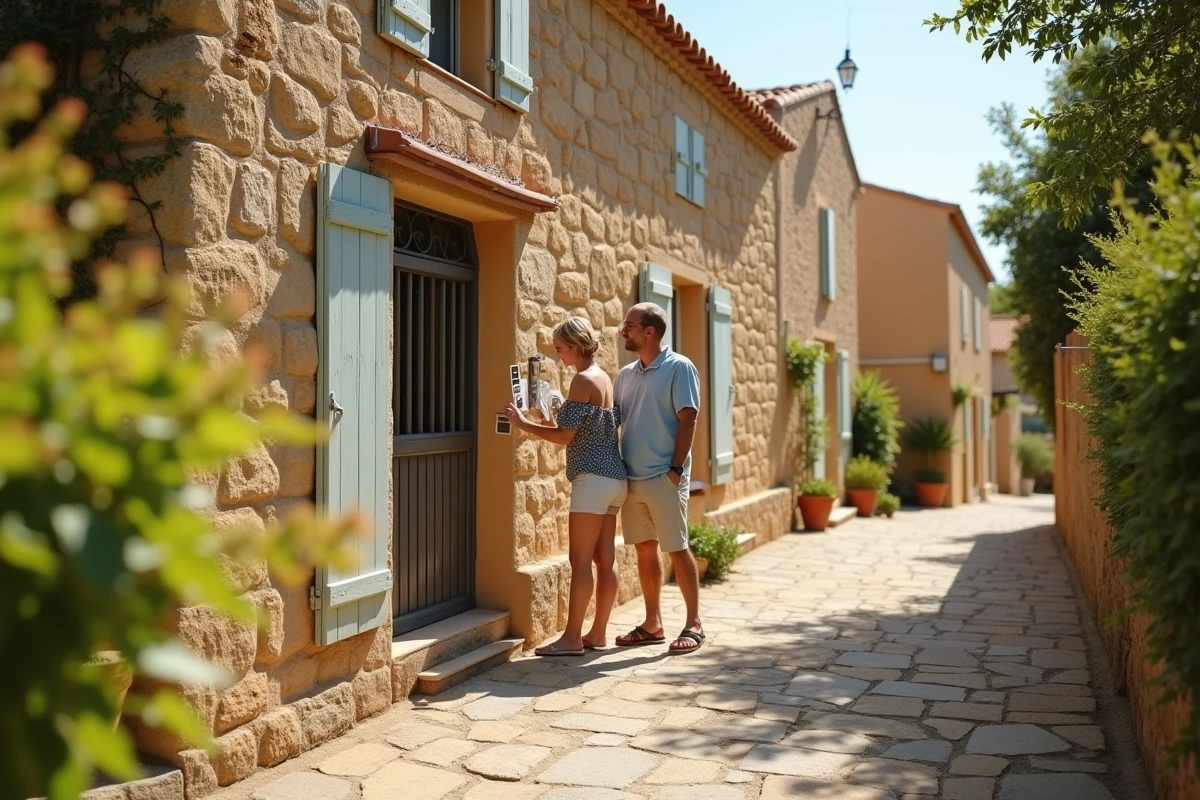 Couple visitant une maison à louer dans un quartier résidentiel de Béziers