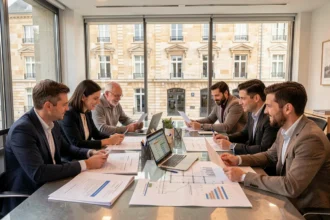 Bureau d'un courtier en prêt immobilier en Meurthe-et-Moselle avec des professionnels analysant des dossiers de financement immobilier