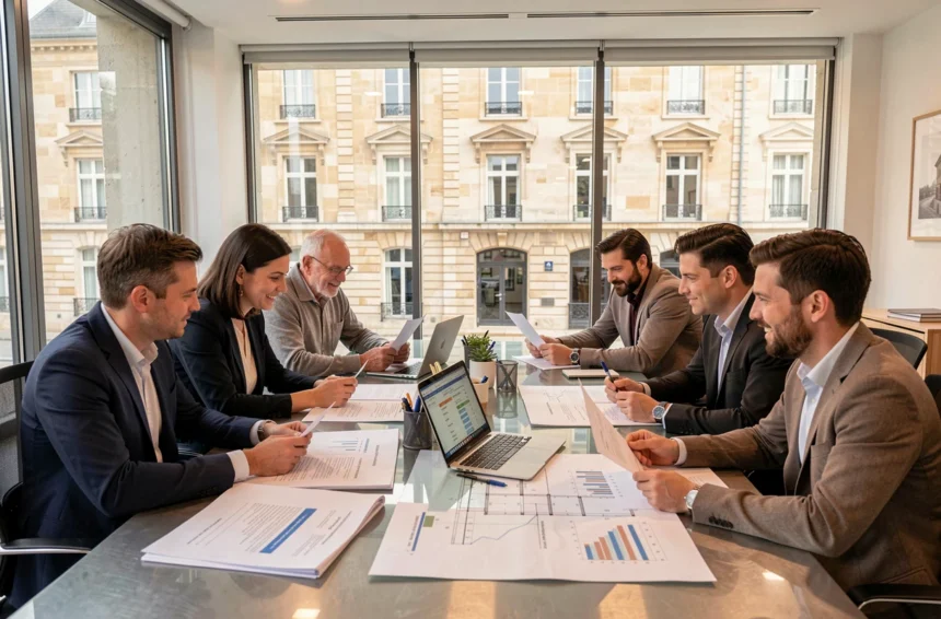 Bureau d'un courtier en prêt immobilier en Meurthe-et-Moselle avec des professionnels analysant des dossiers de financement immobilier