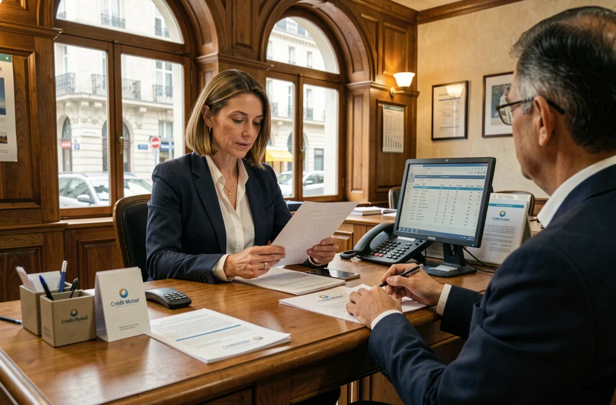 Conseillère bancaire de la Caisse de Crédit Mutuel Nancy Libération présentant un dossier de prêt immobilier à un client