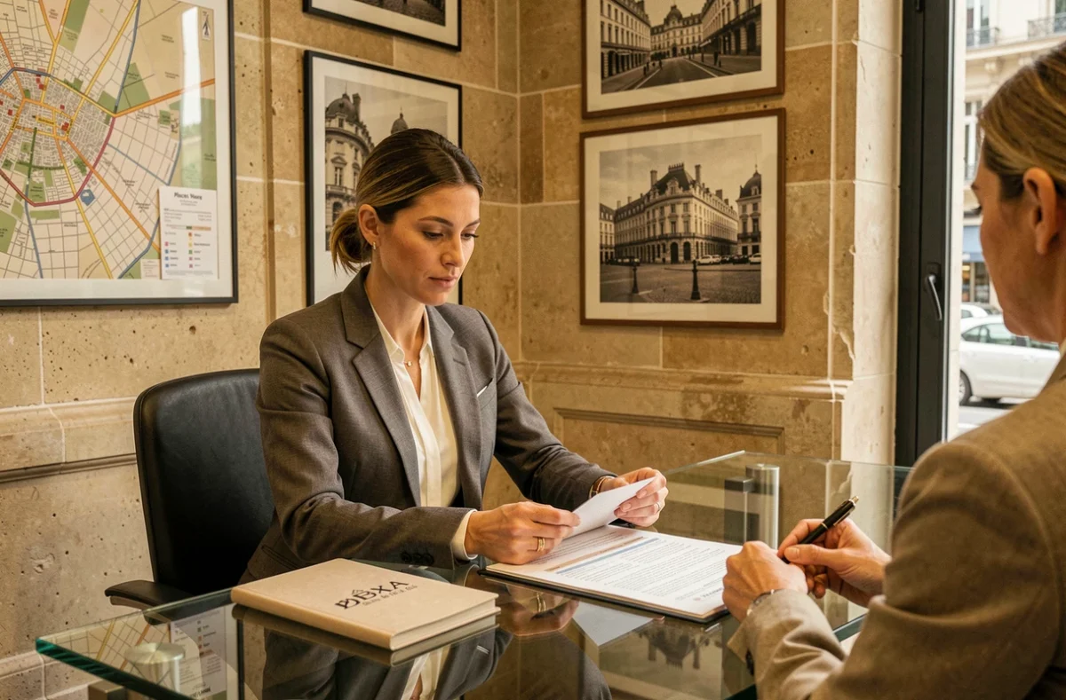 Conseillère du Crédit Mutuel Nancy Place des Vosges présentant un dossier de financement immobilier en centre-ville