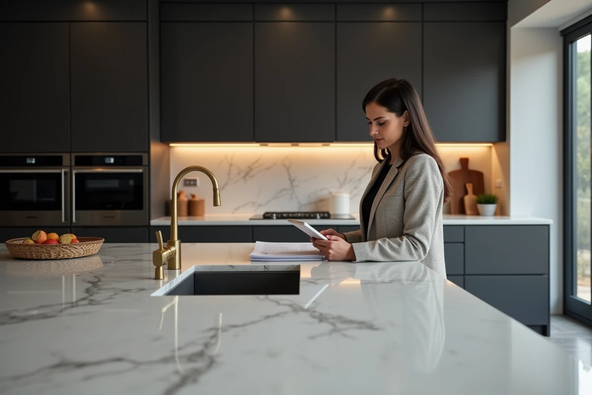 Cuisine haut de gamme d'un appartement de luxe en Andorre avec plan de travail en marbre et finitions anthracite
