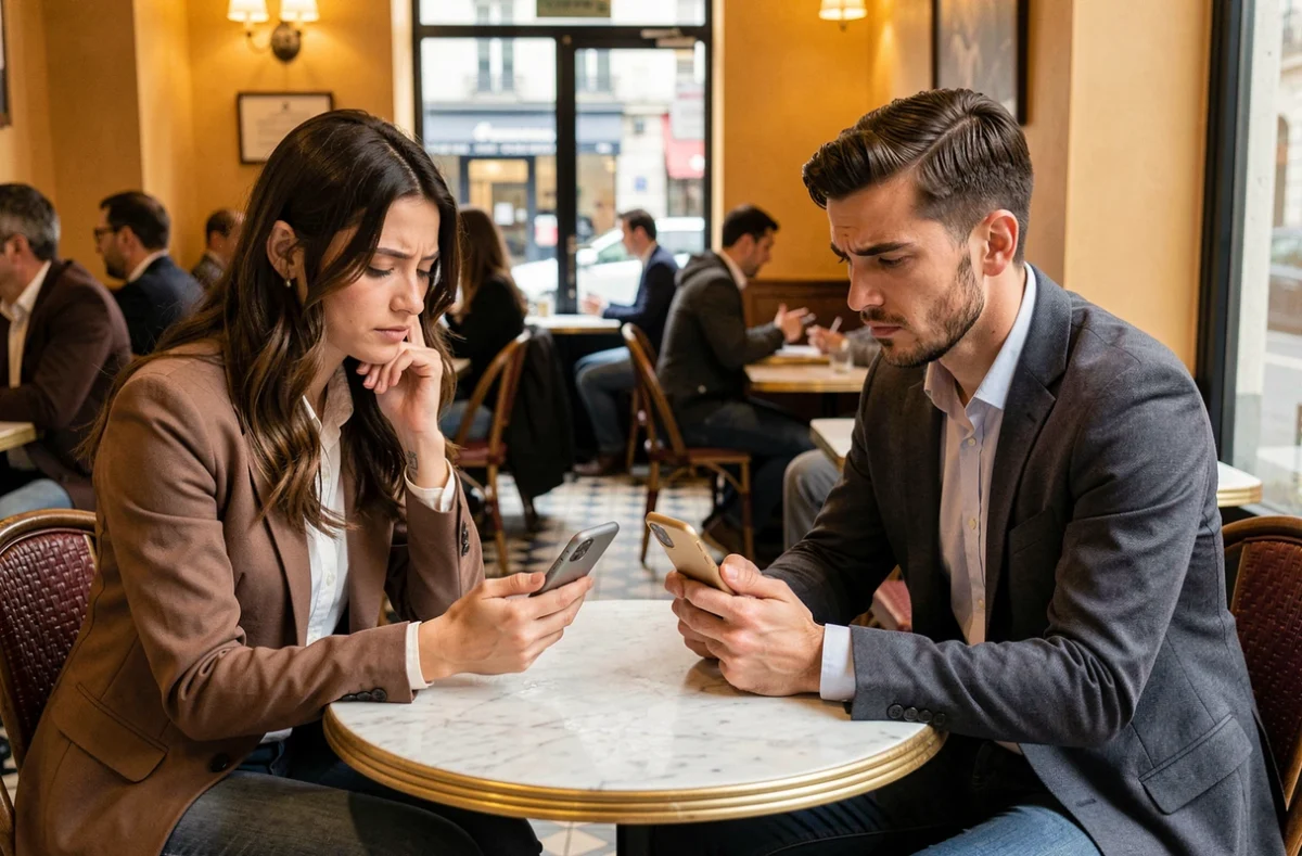 Locataire et propriétaire comparant leurs avis sur Zelok autour d'un café dans un bar parisien