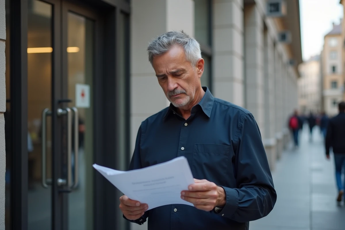 Homme consultant des documents administratifs devant un bâtiment public lors d'une démarche liée aux délais de la plateforme Alin
