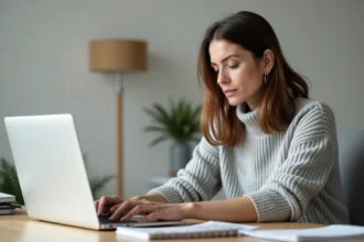 Femme utilisant un ordinateur portable pour effectuer une démarche administrative en ligne sur la plateforme Alin en 2026