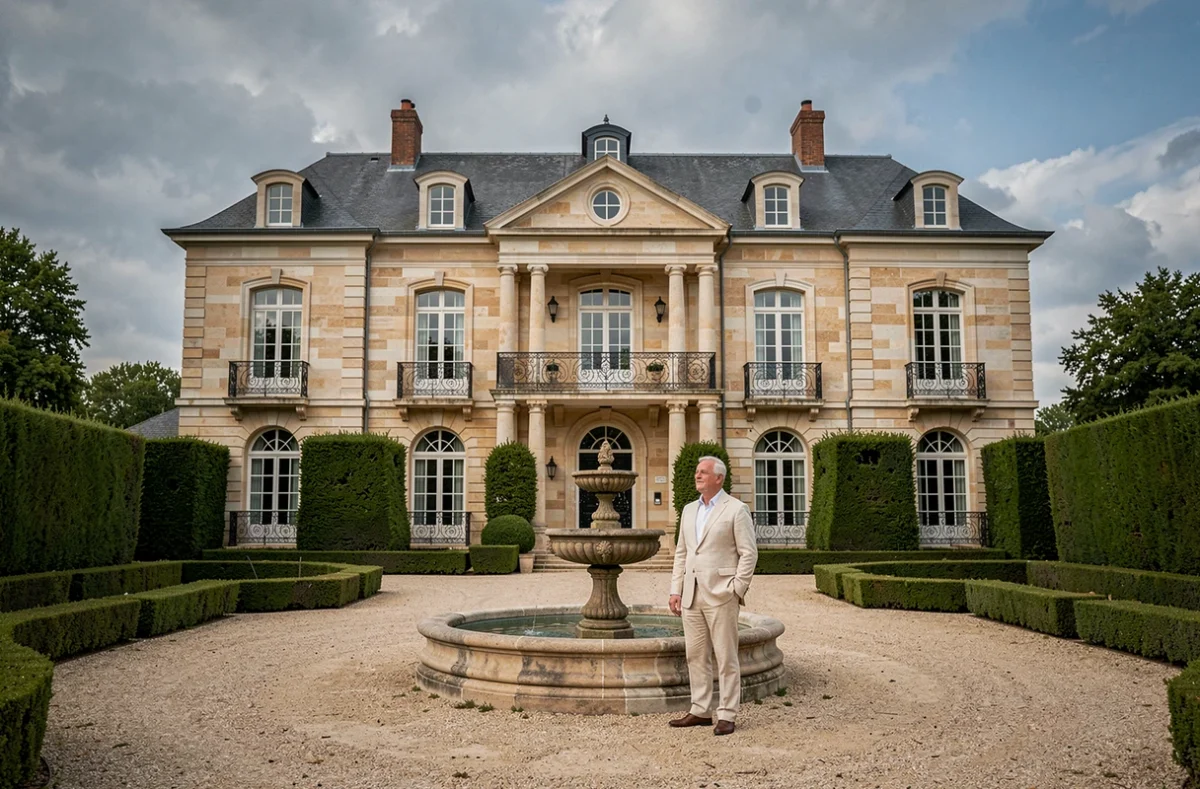 Homme élégant devant une demeure de prestige construite par Demeures Henry Pierre, avec façade en pierre de style manoir français