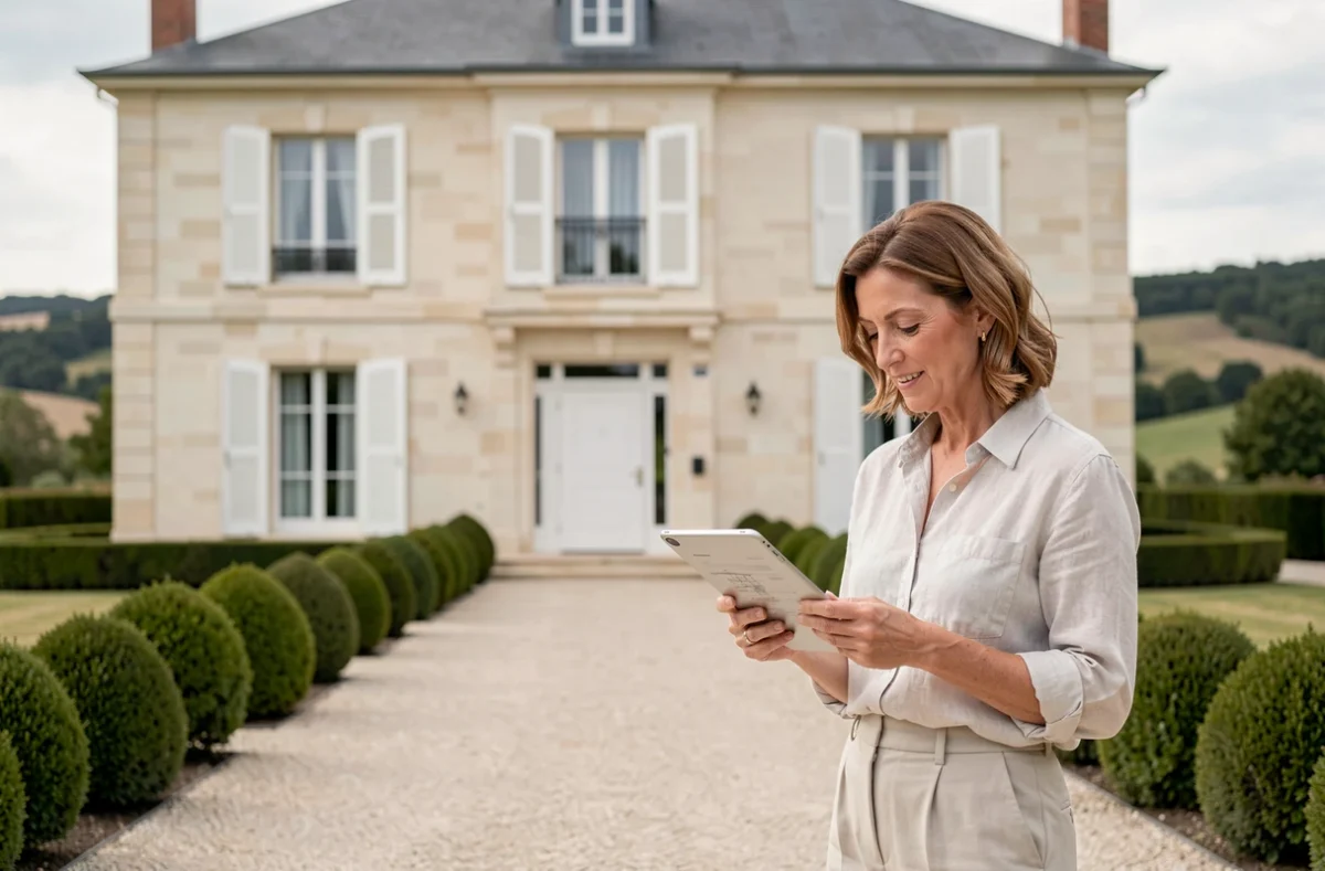 Femme consultant des plans devant une demeure élégante construite par Demeures d'Occitanie, avec façade en calcaire et volets traditionnels