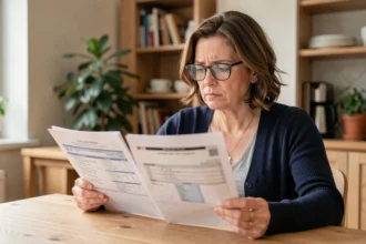 Femme étudiant deux contrats d'assurance habitation côte à côte sur une table en bois dans un appartement moderne